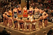 Sumo z�pasn�ci se p�edstavuj�. Tokio. Japonsko.